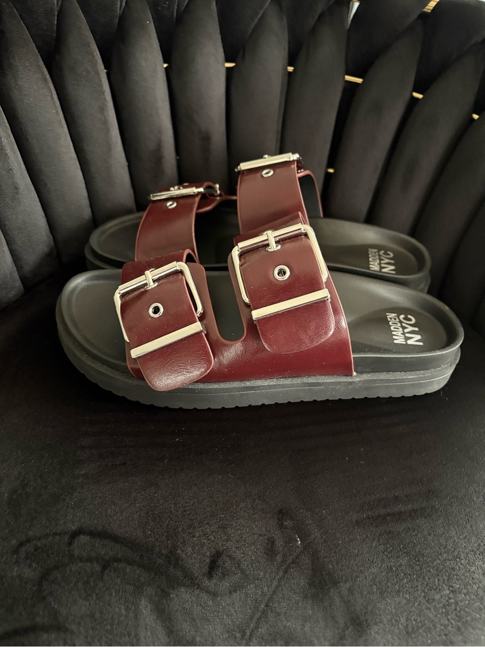 Madden Girl Burgundy Double-Buckle Slide Sandals